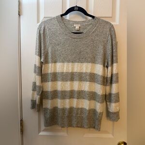 J. Crew Gray and Cream Striped Merino Blend Lightweight Sweater Size Medium
